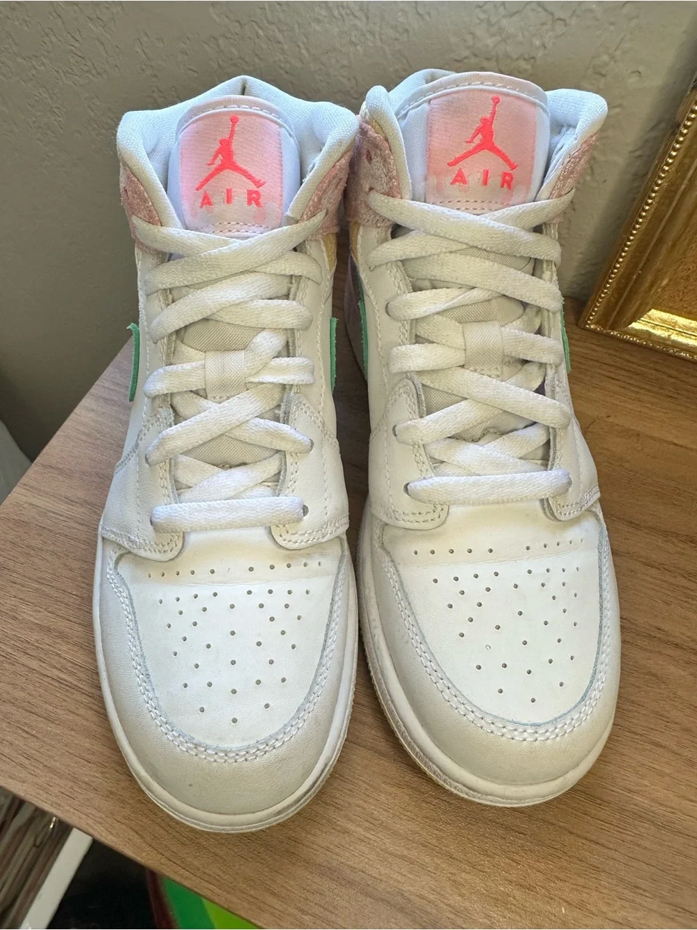Nike Kids White Pink Teal High-Top Sneakers with Drip Swoosh